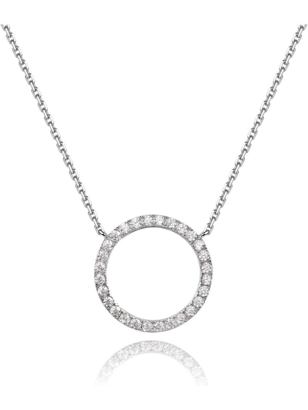 Rhodium Plated Circle Pendant Necklace, Sterling Silver, Paved Design for Women